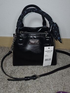 Madden Girl Black Mini Tote with Floral-Print Scarf Handle